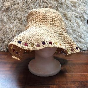 Vintage Woven Beaded Wide Brim Floppy Sun Hat